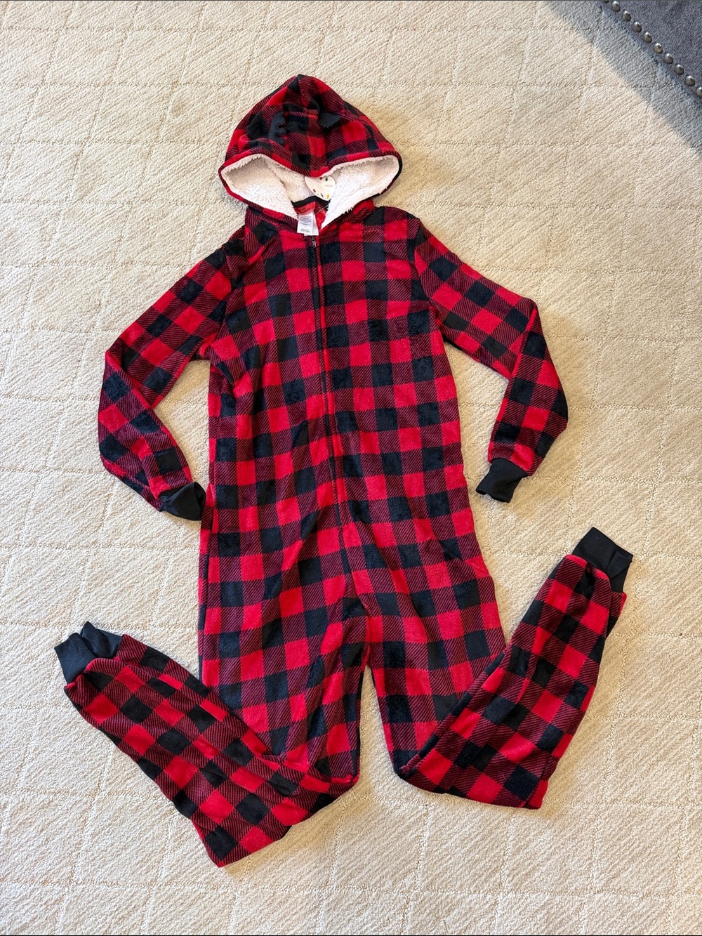 Kids Red & Black Buffalo Plaid Hooded One-Piece Footie Pajamas